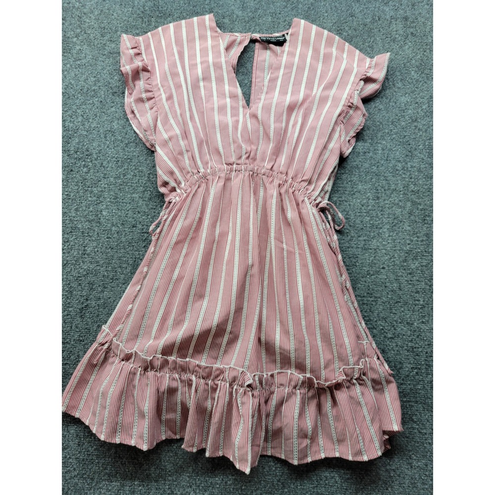The Fifth Label Pink White Striped Ruffle Mini Dress V-Neck Eyelet US 8 L